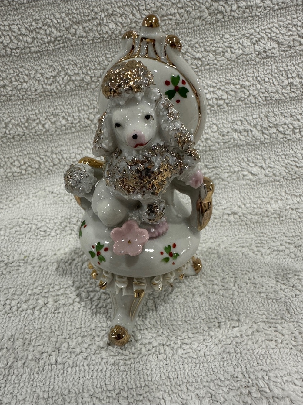 Porcelain White & Gold Poodle Holiday Figurine